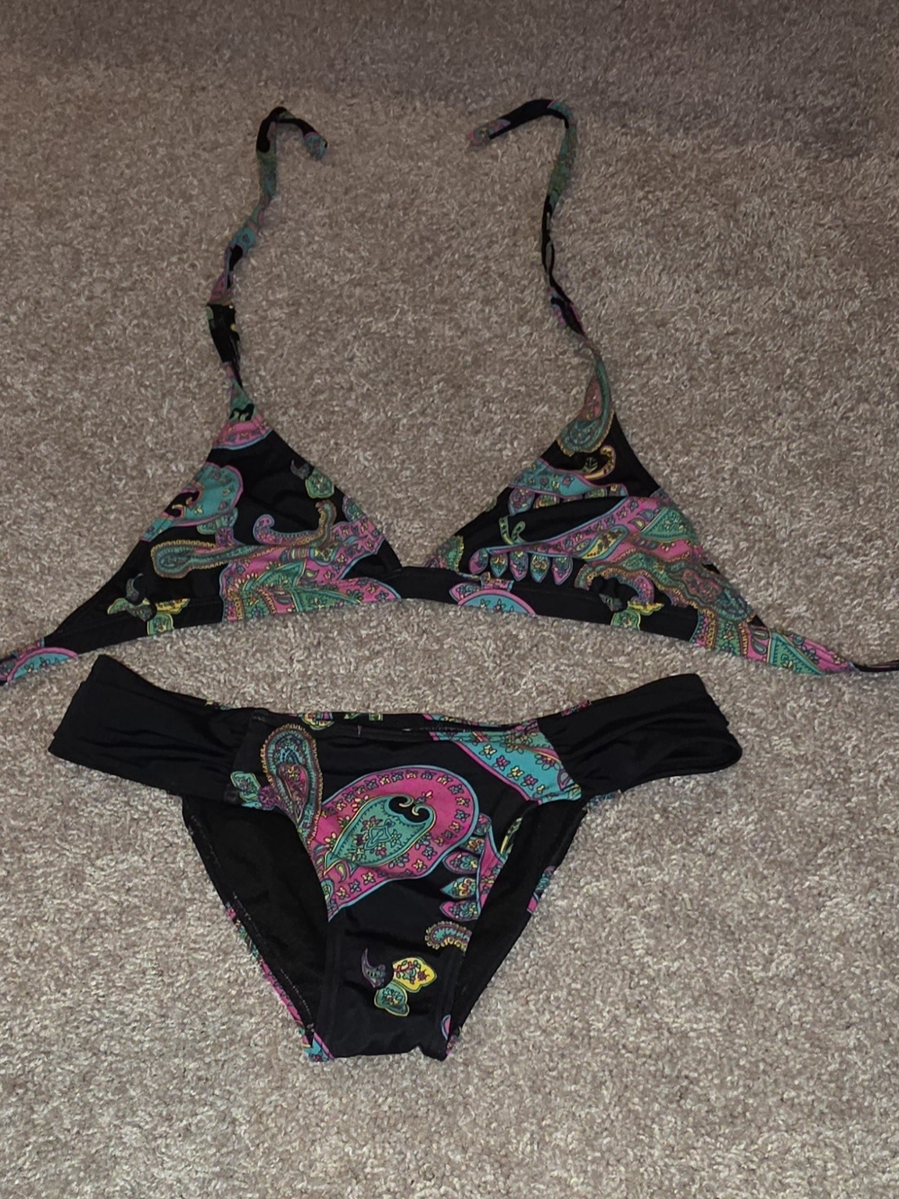 Roxy Medium Bottom, Large Top Black Bikini with Pink, Teal & Green Paisley Print